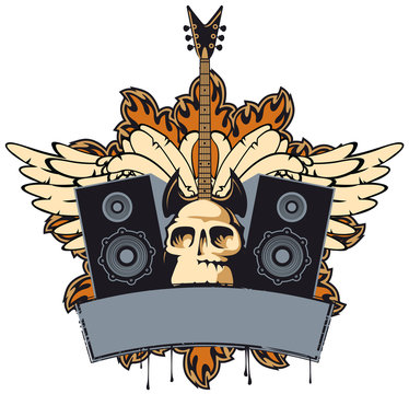 emblem with an electric guitar, speakers, wings and human skull