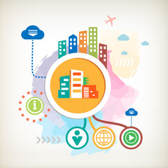 City buildings and cloud on abstract colorful watercolor backgro