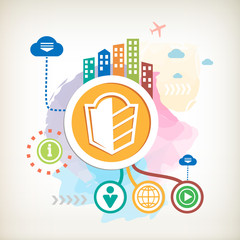 Fototapeta premium Shield and city on abstract colorful watercolor background