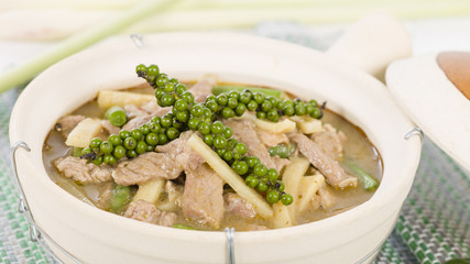 Jungle Curry (Kaeng Pa) - Northern Thai pork curry with young green pepper corns, chilis and snake beans.