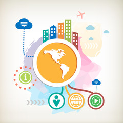 America map and city on abstract colorful watercolor background