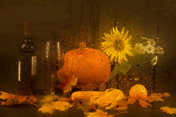 Herbststillleben mit Kürbis und Wein hinten einem nassem Glas.