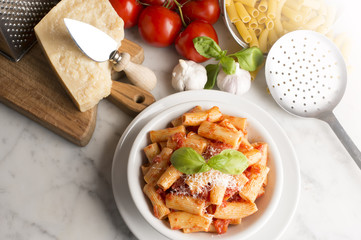 dish with macaroni on the kitchen table