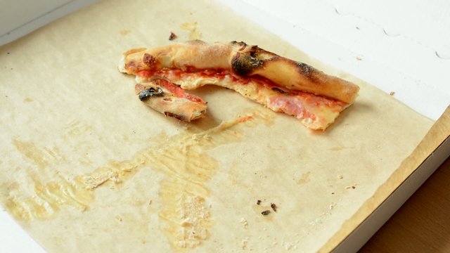 pizza leftovers accumulate in pizza box - closeup