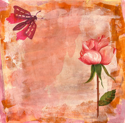 Vintage-styled watercolour drawing of pink rose with butterfly