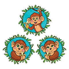 Funny monkey with a banana in his hand. Vector set