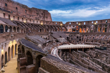 Fototapeta na wymiar Internal view of the Coliseum at dusk in Rome, Italy. 