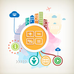 Naklejka premium Calculator and city on abstract colorful watercolor background