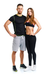 Athletic man and woman after fitness exercise on the white