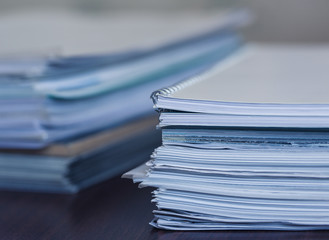 Accounting and taxes. Large pile of magazine and books