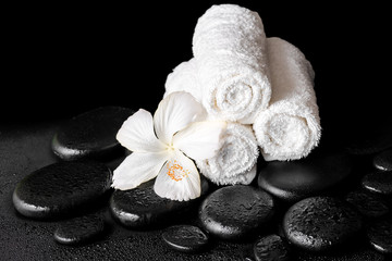Fototapeta na wymiar beautiful spa concept of white hibiscus flower and towels on zen