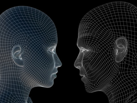 Conceptual wireframe mesh man woman face