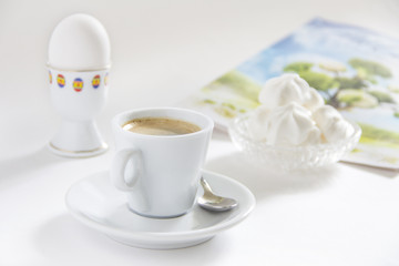 egg, zephyr souffle, marshmallow, coffee breakfast and magazine 