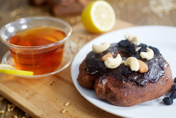Chocolate donut and lemon tea
