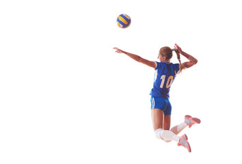 volleyball woman jump and kick ball isolated on white background