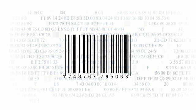 barcode scanner by barcode reader on white background. Closeup on array of digits. chaos digits. Animating background hexadecimal code