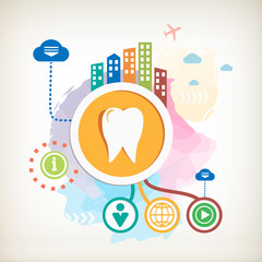 Tooth sign icon and city on abstract colorful watercolor backgro