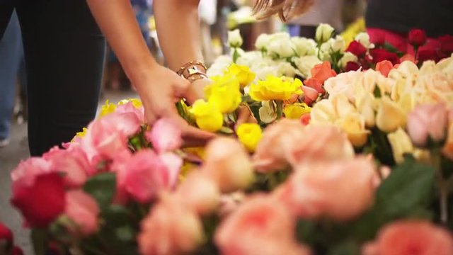 Brazilian mother and daughter look at roses and other bright flowers at a market