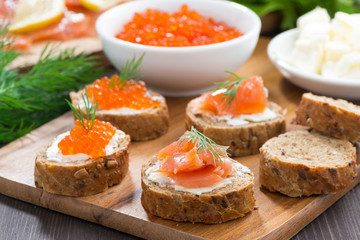 appetizers - toast with salted salmon and red caviar