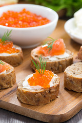 appetizers - toast with salted salmon and red caviar, vertical