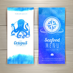 Set of blue watercolor seafood banners