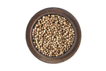 Coriander dried  in wood bowl on isolated white., Top view
