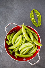 Green peas in red colander and single one on the side, top view