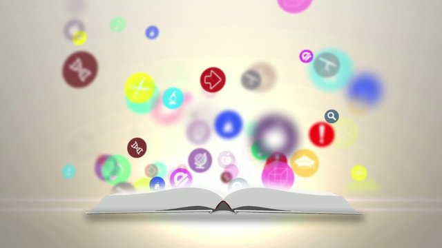 Open books and icons of science. The concept of modern education