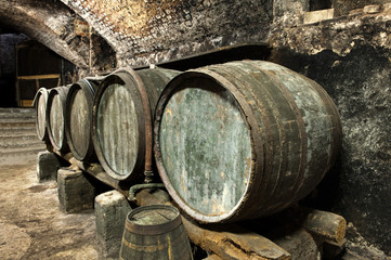 Old Keg Barrels in Row in Old Wine Cellar