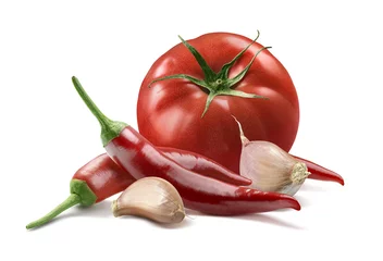 Fotobehang Chili Pepers Tomato, garlic cloves, chili pepper isolated on white background  © yggdrasil