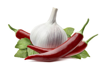 Garlic bulb, chili pepper isolated on white background