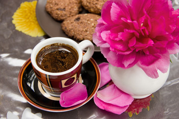Cup of Espresso Coffee with Flower in Vase and Cookies