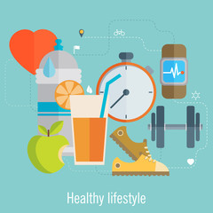 Healthy lifestyle flat illustration. Food, water and sport