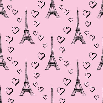 Seamless pattern Eiffel Tower with hearts