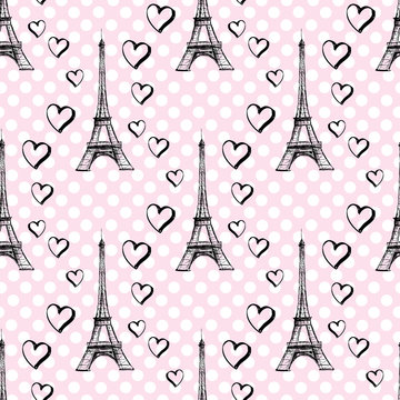 Seamless pattern Eiffel Tower with hearts