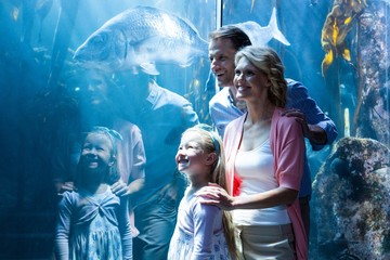 Happy family looking at fish in a tank 