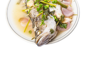 Malaysian dish of sweet and sour steamed Asian bass fish
