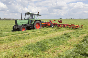 red hay turner in green meadow in the netherlands