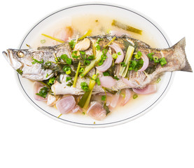 Malaysian dish of sweet and sour steamed Asian bass fish - 84027255