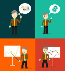 Set of cute cartoon young businessmen. Idea concept and finance