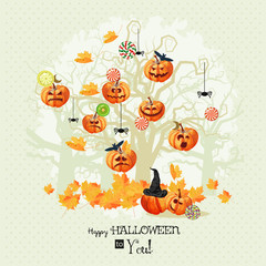 Halloween poster with trees, pumpkins, bats