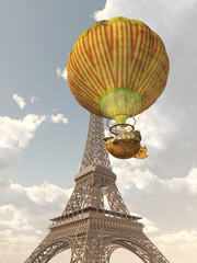 Fototapeta na wymiar Fantasy Hot Air Balloon and Eiffel Tower