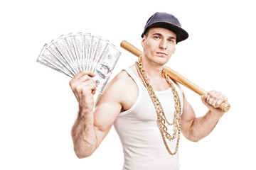 Thug holding baseball bat and a stack of money