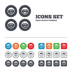 Circle smile face icons. Happy, sad, cry.