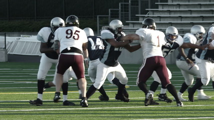 A football team runs a passing play and the receiver catches the ball on the run