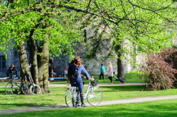 Blurred summer scene in park with people