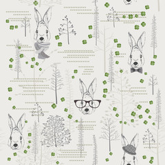Seamless pattern with trees, shrubs, foliage, rabbits