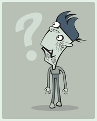 Surprised standing little Boy is looking at the question mark