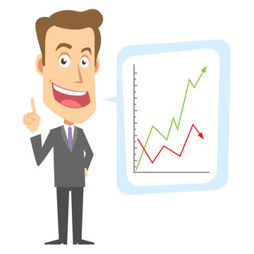 Hombre de negocios dando una explicaci&oacute;n mediante gr&aacute;ficos