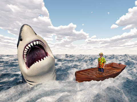 Man in a boat and great white shark